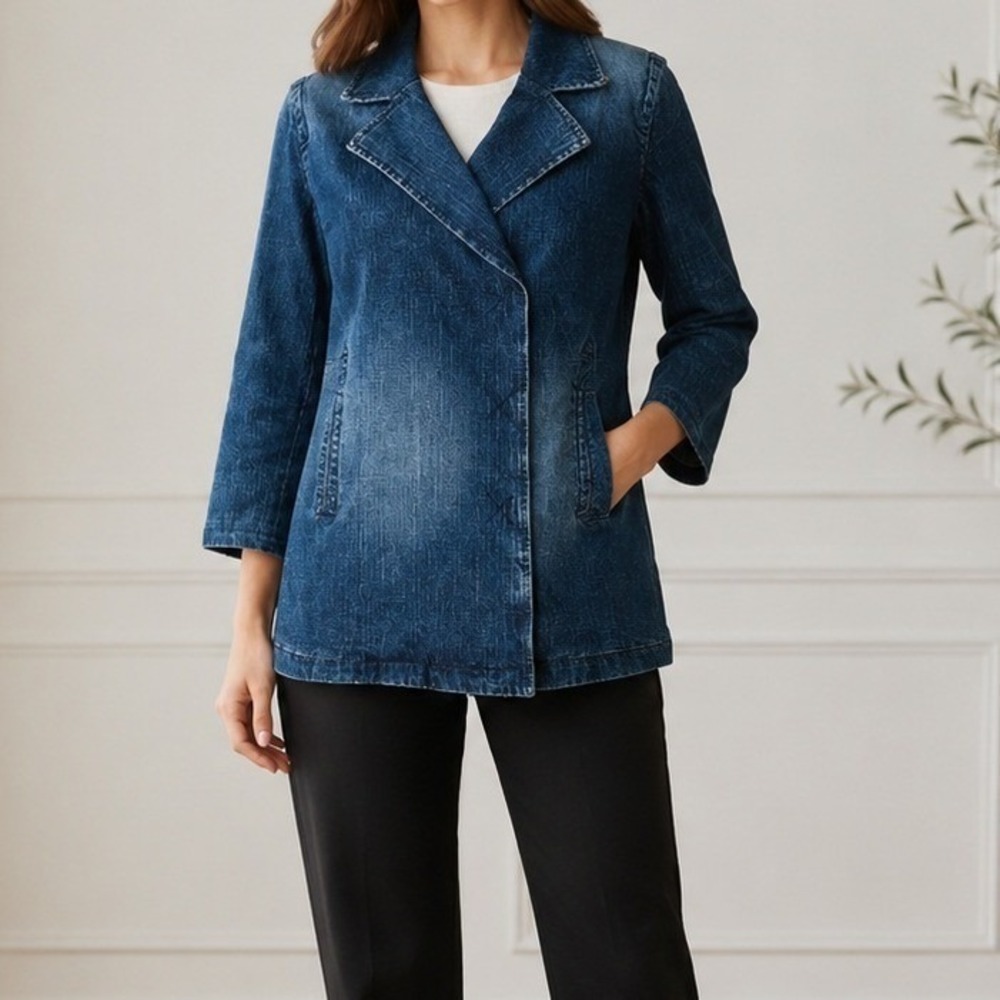 Dana Buchman Jacket Women L Blue Denim Quilted Asymmetric Y2K Equestrian Coat